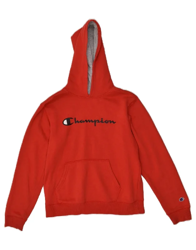 CHAMPION Womens Graphic Hoodie Jumper UK 18 XL Red Cotton Hoodie with Hem Patch Decorative Personalized