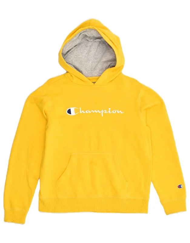 CHAMPION Womens Graphic Hoodie Jumper UK 18 XL Yellow Cotton Hoodie with Button Placket Classic Preppy