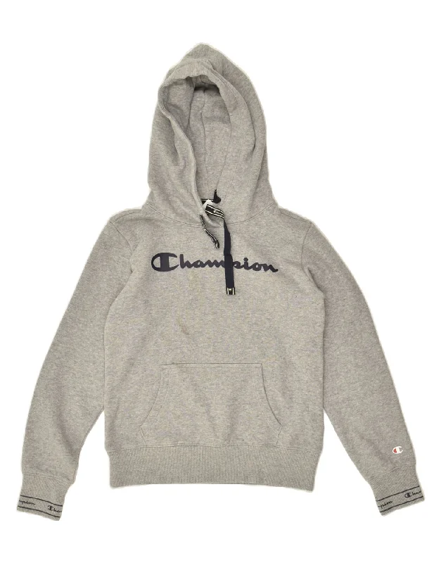 CHAMPION Womens Graphic Hoodie Jumper UK 6 XS Grey Cotton Hoodie with Hem Ribbing Snug Secure