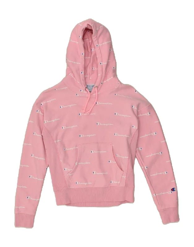 CHAMPION Womens Graphic Hoodie Jumper UK 6 XS Pink Cotton Hoodie with Lace Feminine Delicate