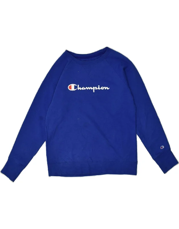 CHAMPION Womens Graphic Sweatshirt Jumper UK 14 Medium Blue Hoodie with Relaxed Fit Easy Casual