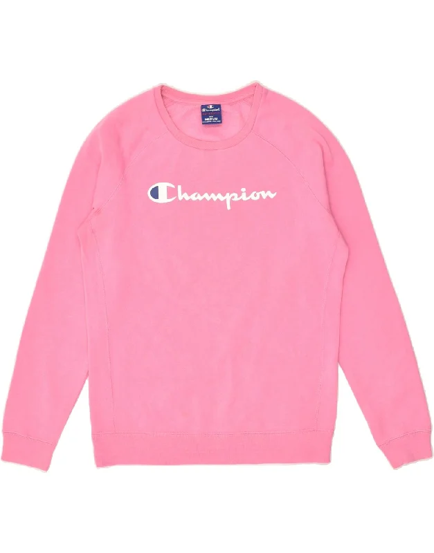 CHAMPION Womens Graphic Sweatshirt Jumper UK 14 Medium Pink Cotton Hoodie with Longline Fit Extended Stylish