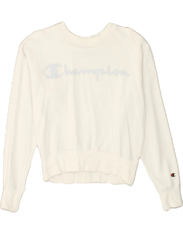 CHAMPION Womens Graphic Sweatshirt Jumper UK 16 Large White Hoodie with Fur Luxurious Winter