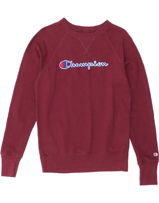 CHAMPION Womens Graphic Sweatshirt Jumper UK 6 XS Burgundy Hoodie with Zipper Placket Modern Functional