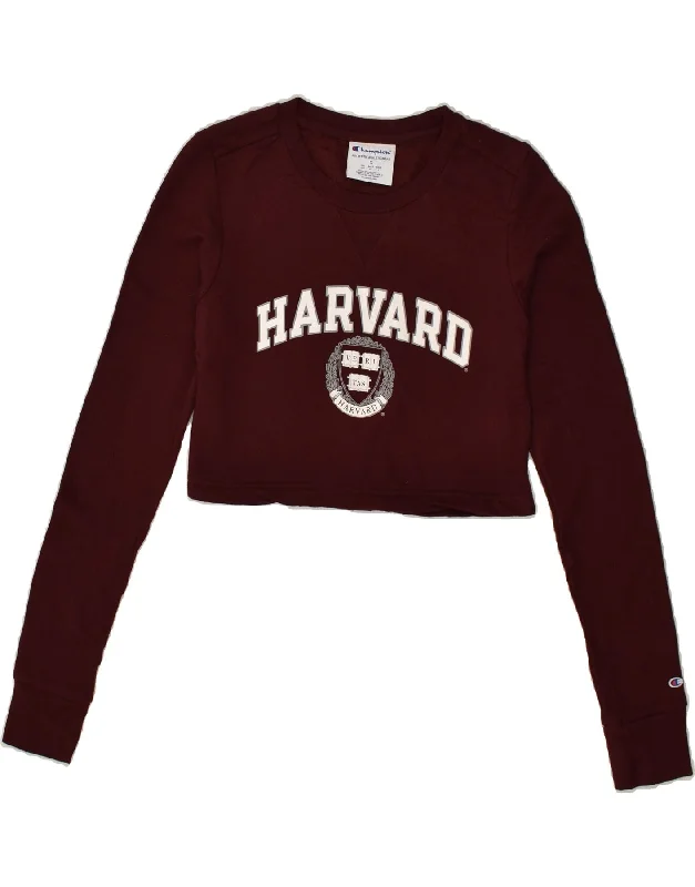 CHAMPION Womens Harvard Crop Sweatshirt Jumper UK 10 Small Maroon Hoodie with Reflective Safety Nightwear