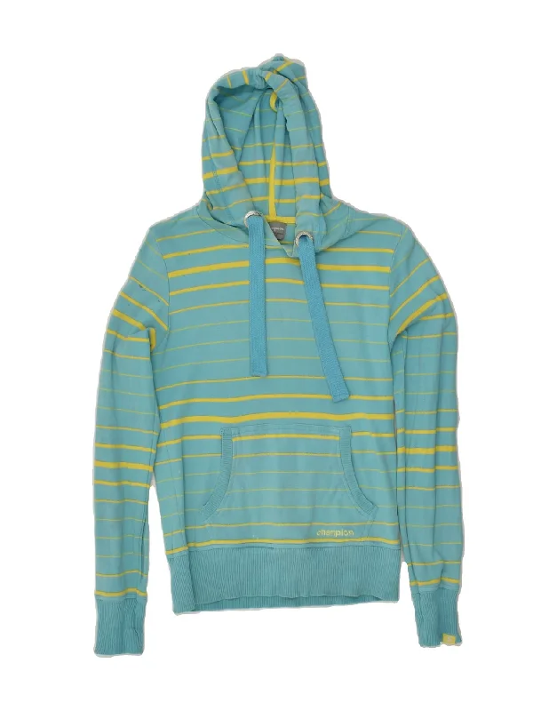 CHAMPION Womens Hoodie Jumper UK 12 Medium Turquoise Striped Cotton Hoodie with Hem Drawcord Adjustable Customizable