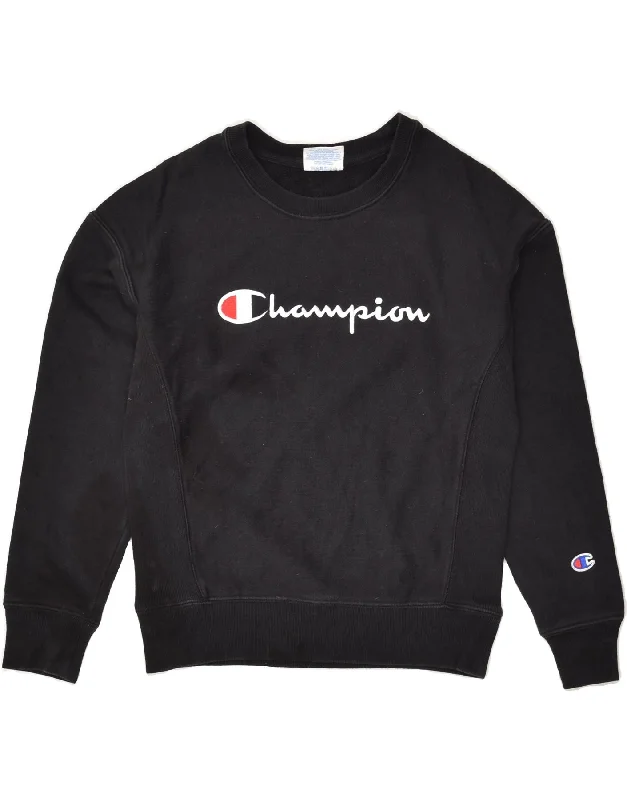 CHAMPION Womens Loose Fit Graphic Sweatshirt Jumper UK 6 XS Black Cotton Hoodie with Turtle Neck Cozy Winter