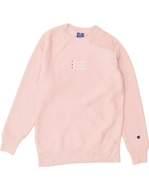 CHAMPION Womens Loose Fit Graphic Sweatshirt Jumper UK 6 XS Pink Cotton Hoodie with Hem Applique Textured Unique