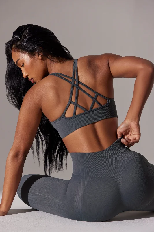 Scoop Neck Multi Strap Sports Bra in Grey Sexy Mesh Bra