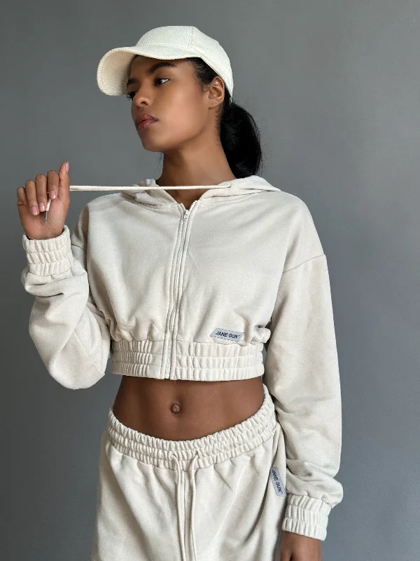 Cropped Zipper Hoodie - Ivory Cotton Hoodie Fleece Lining Warmth