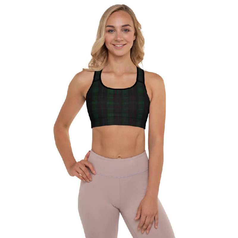 Green Plaid Print Gym Bra, Scottish Style Plaid Print Ladies' Designer Padded Sports Bra-Made in USA/EU/MX Strapless Support Bra