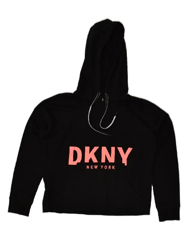 DKNY Womens Graphic Hoodie Jumper UK 6 XS Black Cotton Hoodie with Stripes Bold Sporty