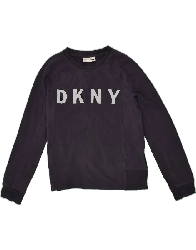 DKNY Womens Graphic Sweatshirt Jumper UK 14 Medium Navy Blue Polyester Hoodie with Tie-Dye Psychedelic Retro