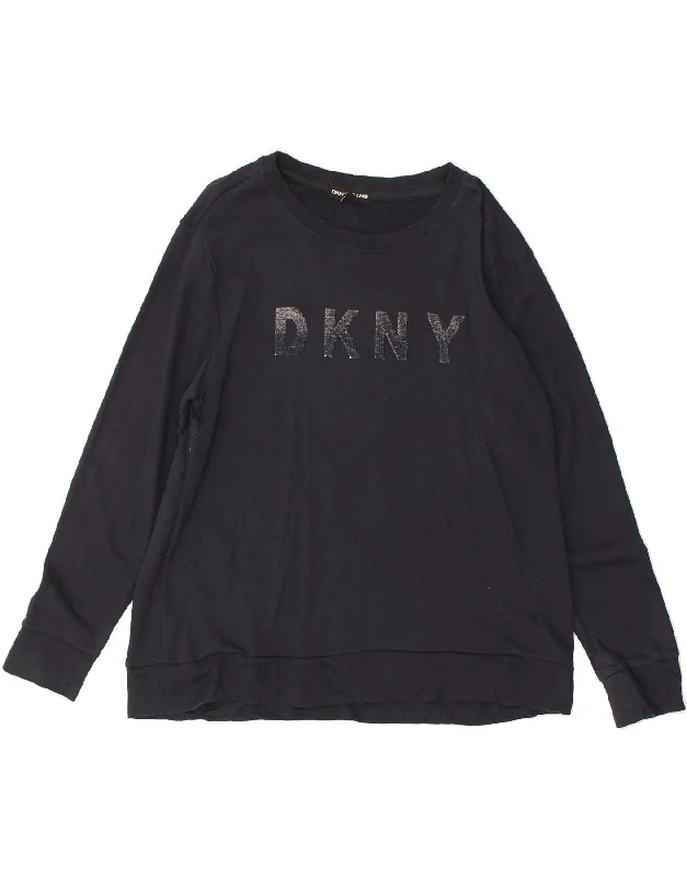 DKNY Womens Graphic Sweatshirt Jumper UK 16 Large Navy Blue Hoodie with Patch Decorative Personalized