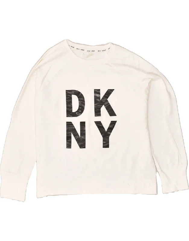 DKNY Womens Graphic Sweatshirt Jumper UK 18 XL White Cotton Hoodie with Hem Embroidery Detailed Premium