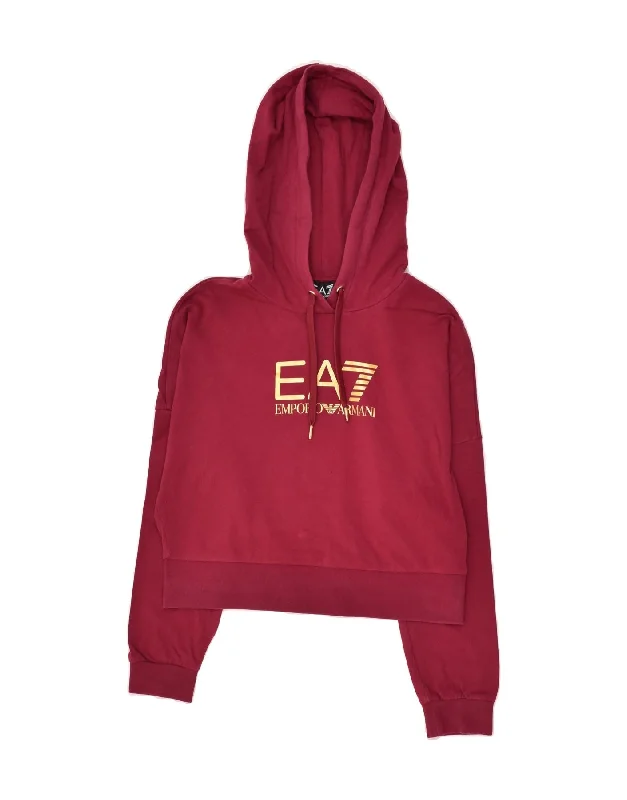 EA7 Womens Crop Graphic Hoodie Jumper UK 14 Medium Burgundy Hoodie with Elastic Waist Stretchable Comfortable