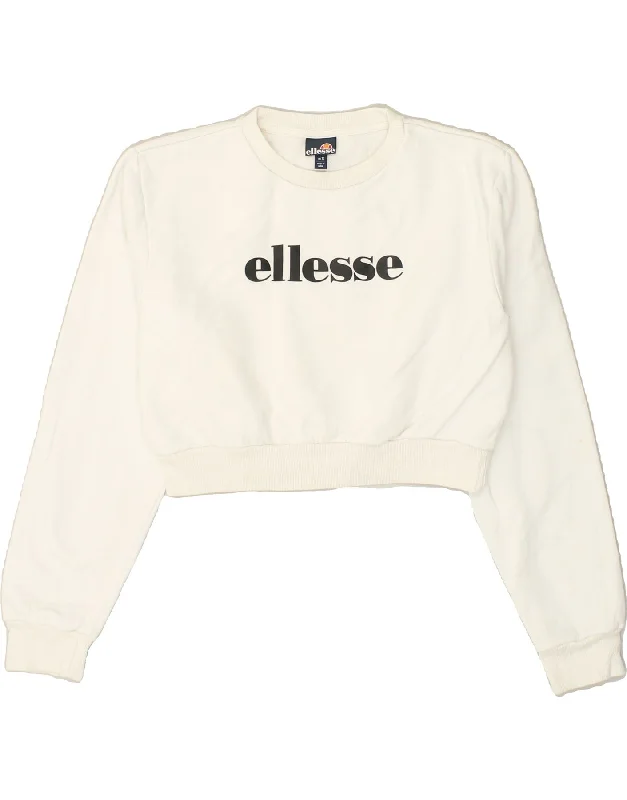 ELLESSE Womens Crop Oversized Sweatshirt Jumper UK 12 Medium  White Cotton Hoodie with Button Classic Timeless