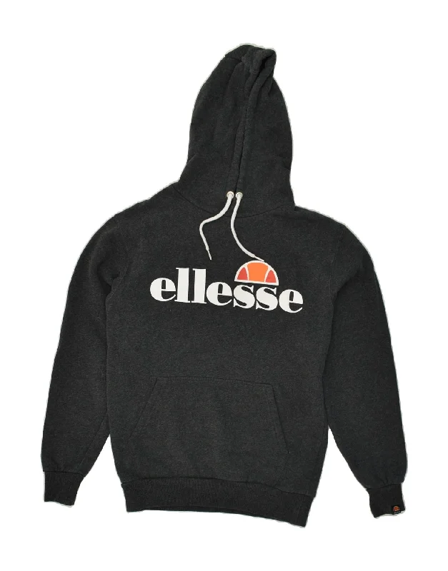 ELLESSE Womens Graphic Hoodie Jumper UK 10 Small Grey Cotton Hoodie with Raw Hem Edgy Unfinished