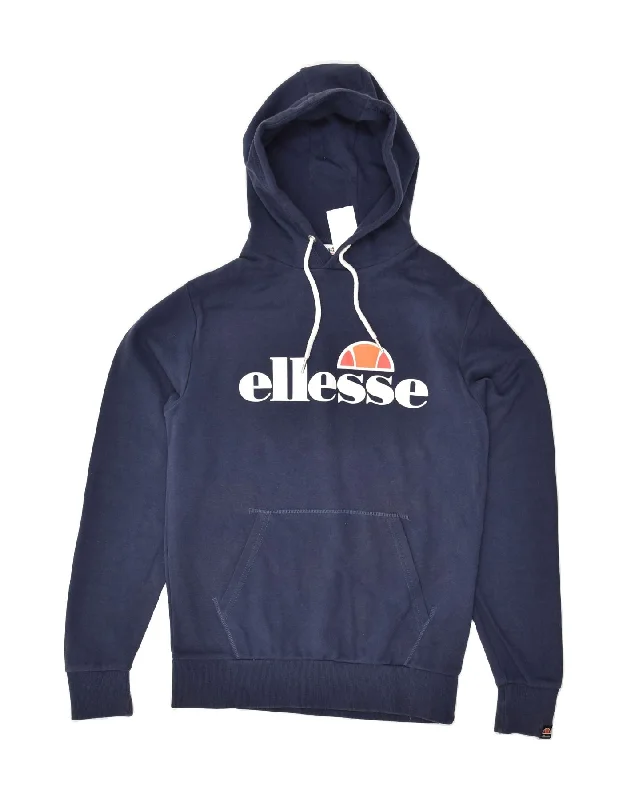 ELLESSE Womens Graphic Hoodie Jumper UK 16 Large Navy Blue Cotton Hoodie with Zipper Placket Modern Functional