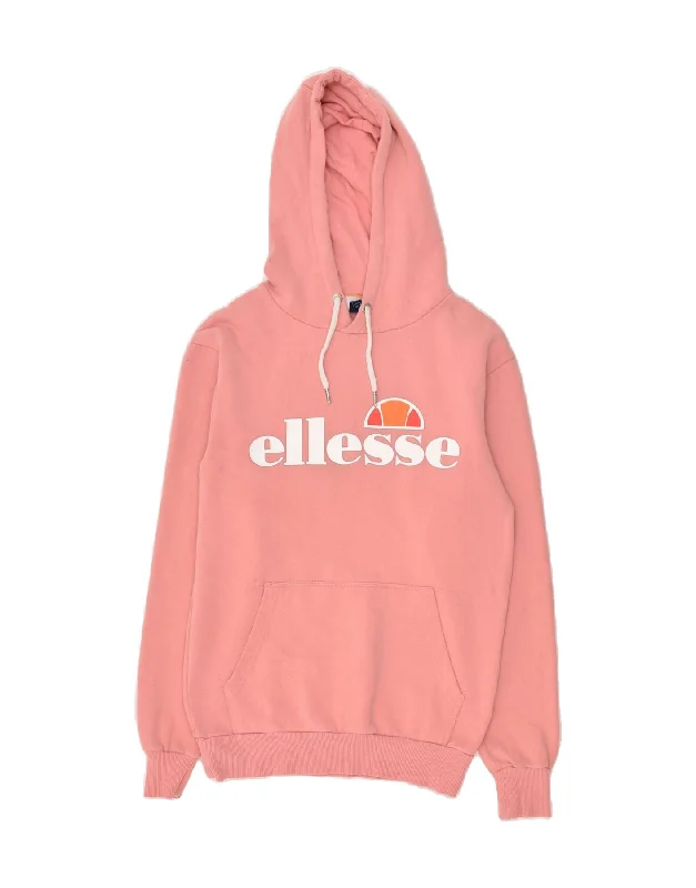 ELLESSE Womens Graphic Hoodie Jumper UK 8 Small Pink Cotton Hoodie with High-Low Hem Asymmetrical Trendy