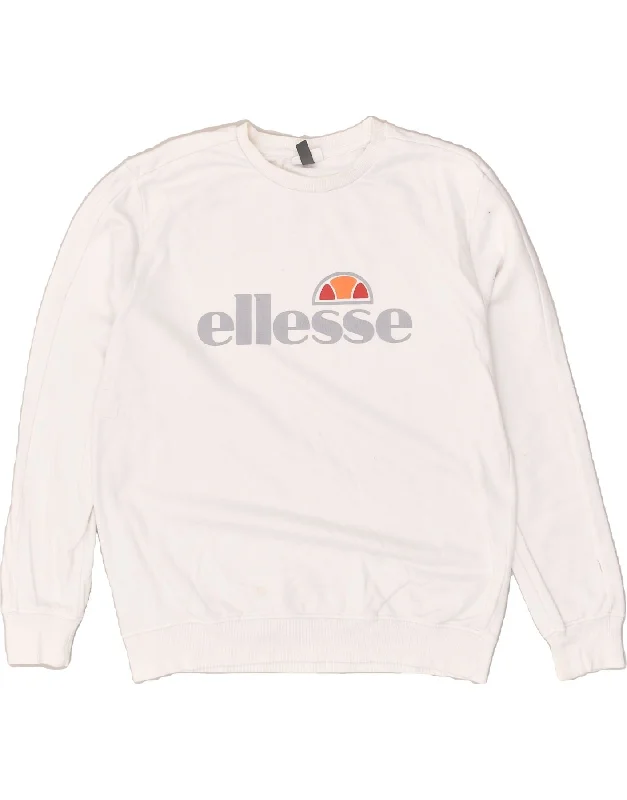 ELLESSE Womens Graphic Sweatshirt Jumper UK 14 Large White Cotton Hoodie with Toggle Buttons Decorative Unique