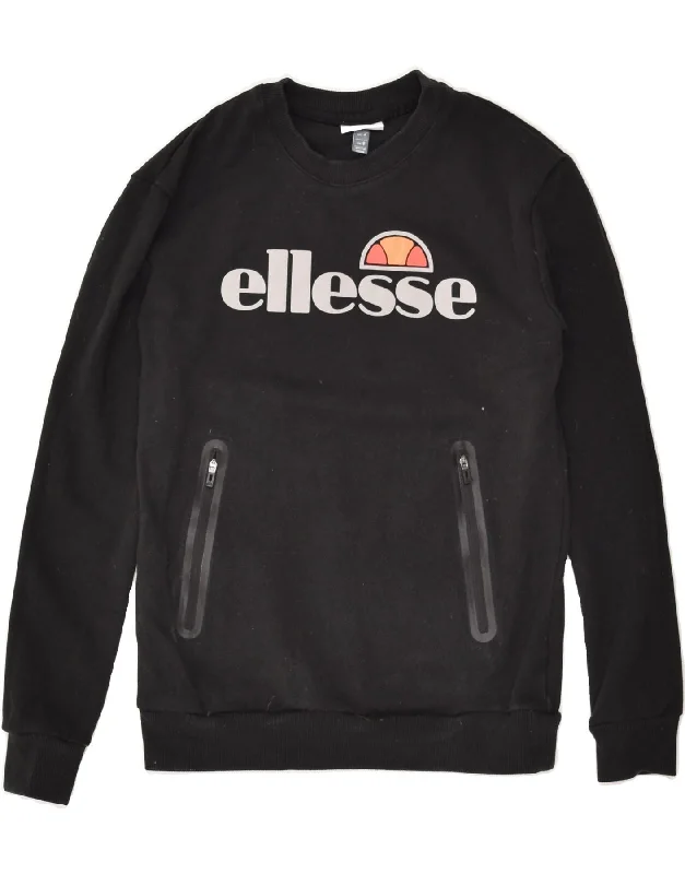 ELLESSE Womens Graphic Sweatshirt Jumper UK 8 Small Black Cotton Hoodie with Distressed Vintage Worn