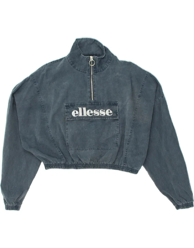 ELLESSE Womens Oversized Crop Sweatshirt Jumper UK 8 Small  Navy Blue Hoodie with Button Classic Timeless