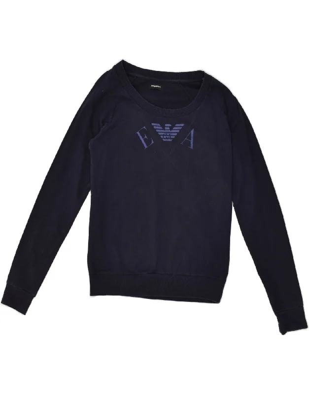 EMPORIO ARMANI Womens Graphic Sweatshirt Jumper UK 4 XS Navy Blue Hoodie with Mesh Breathable Sporty