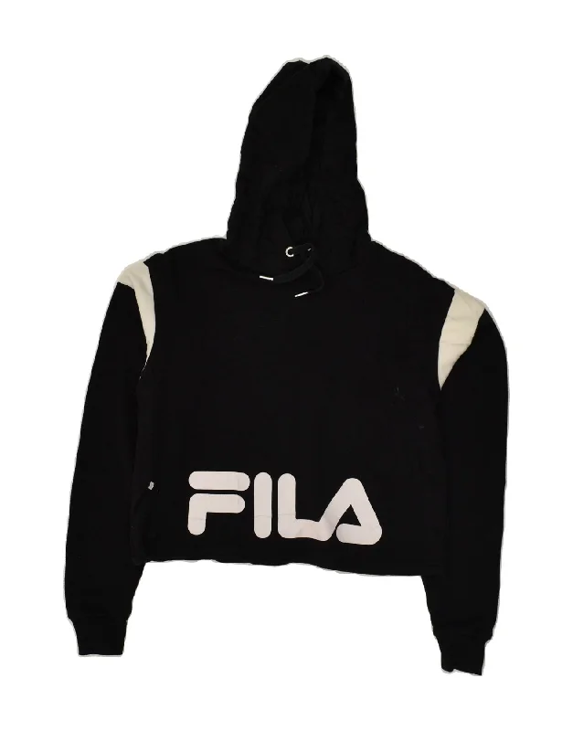 FILA Womens Crop Graphic Hoodie Jumper UK 8 Small Black Polyester Hoodie with Print Artistic Unique