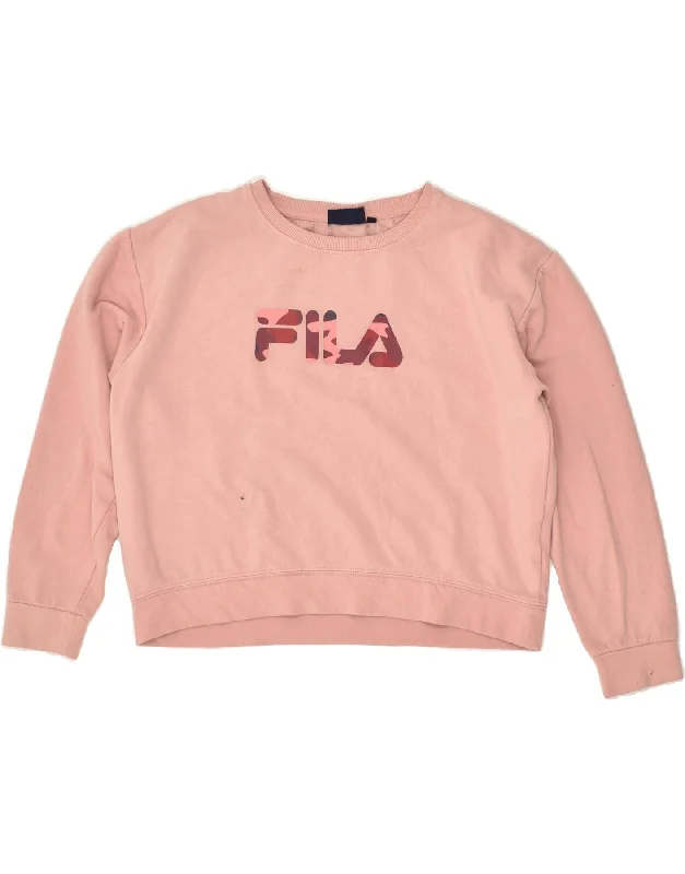 FILA Womens Crop Graphic Sweatshirt Jumper UK 14 Medium Pink Cotton Hoodie with Side Slits Relaxed Casual