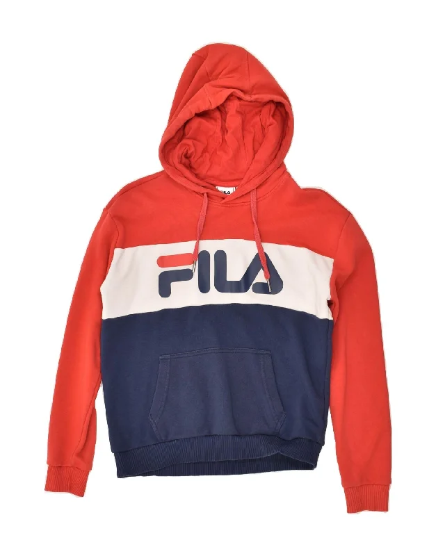 FILA Womens Graphic Hoodie Jumper UK 10 Small Red Colourblock Cotton Hoodie with Puffed Sleeves Voluminous Trendy