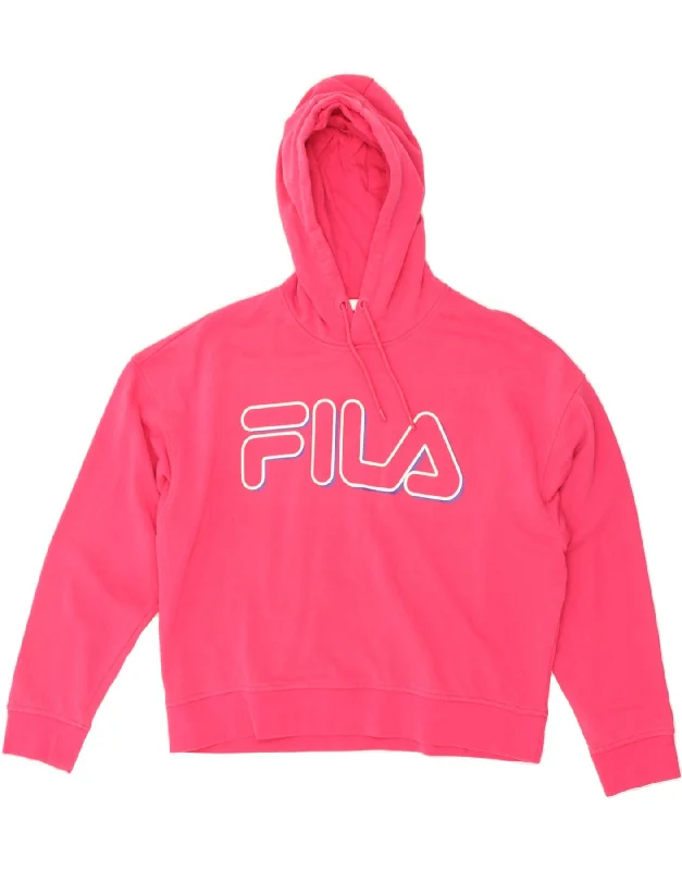 FILA Womens Graphic Hoodie Jumper UK 14 Medium Pink Cotton Hoodie with Raw Hem Edgy Unfinished