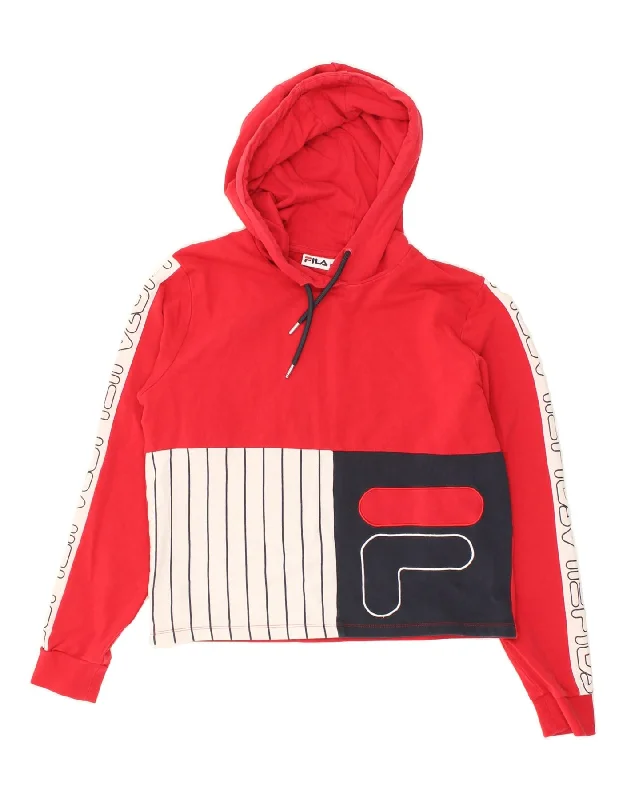 FILA Womens Graphic Hoodie Jumper UK 16 Large Red Colourblock Cotton Hoodie with Hem Patch Decorative Personalized