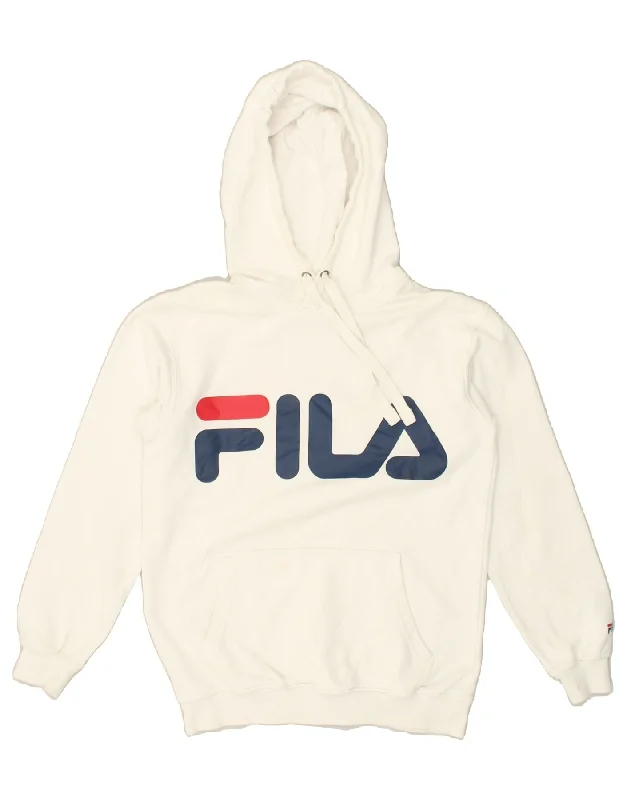 FILA Womens Graphic Hoodie Jumper UK 6 XS White Cotton Hoodie with Tie-Dye Psychedelic Retro