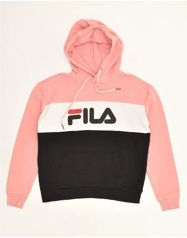 FILA Womens Graphic Hoodie Jumper UK 8 Small Pink Colourblock Hoodie with Lace Feminine Delicate