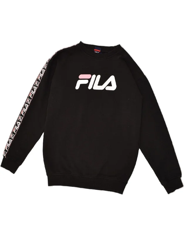 FILA Womens Graphic Sweatshirt Jumper UK 10 Small Black Cotton Hoodie with Lining Warm Insulated