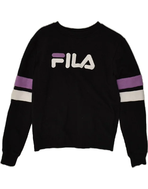 FILA Womens Graphic Sweatshirt Jumper UK 10 Small Black Cotton Hoodie with Hem Elastic Stretchable Comfortable