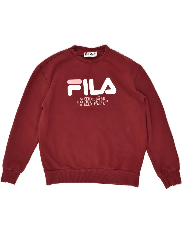 FILA Womens Graphic Sweatshirt Jumper UK 10 Small Burgundy Cotton Hoodie with Ribbed Cuffs Snug Fit Comfort