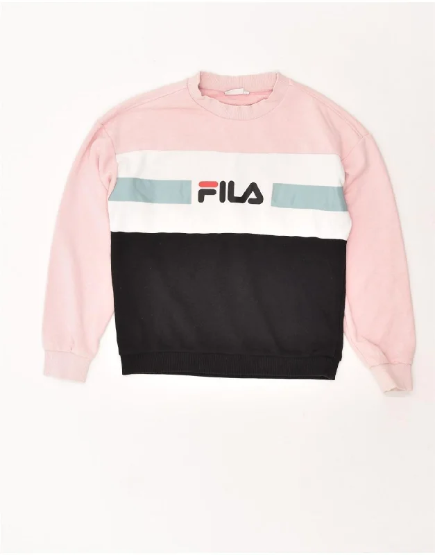 FILA Womens Graphic Sweatshirt Jumper UK 10 Small Pink Colourblock Cotton Hoodie with Pocket Utility Practical