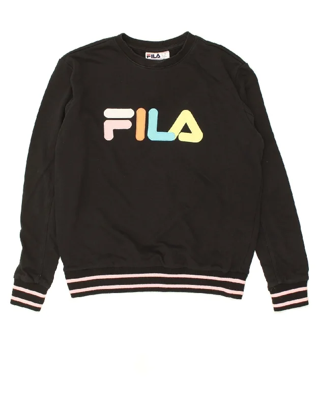 FILA Womens Graphic Sweatshirt Jumper UK 14 Medium Black Cotton Hoodie with Hem Lace Feminine Delicate