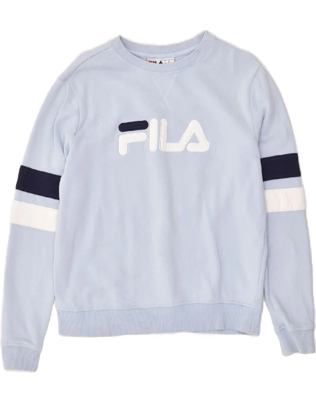 FILA Womens Graphic Sweatshirt Jumper UK 14 Medium Blue Striped Cotton Hoodie with Magnetic Closure Innovative Modern