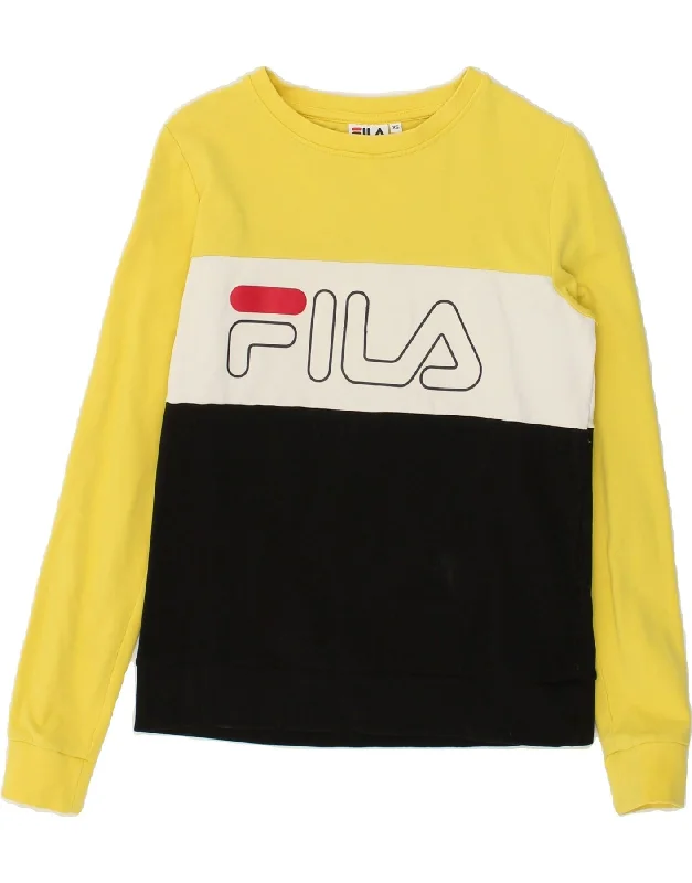 FILA Womens Graphic Sweatshirt Jumper UK 6 XS Yellow Colourblock Hoodie with Hem Ribbing Snug Secure