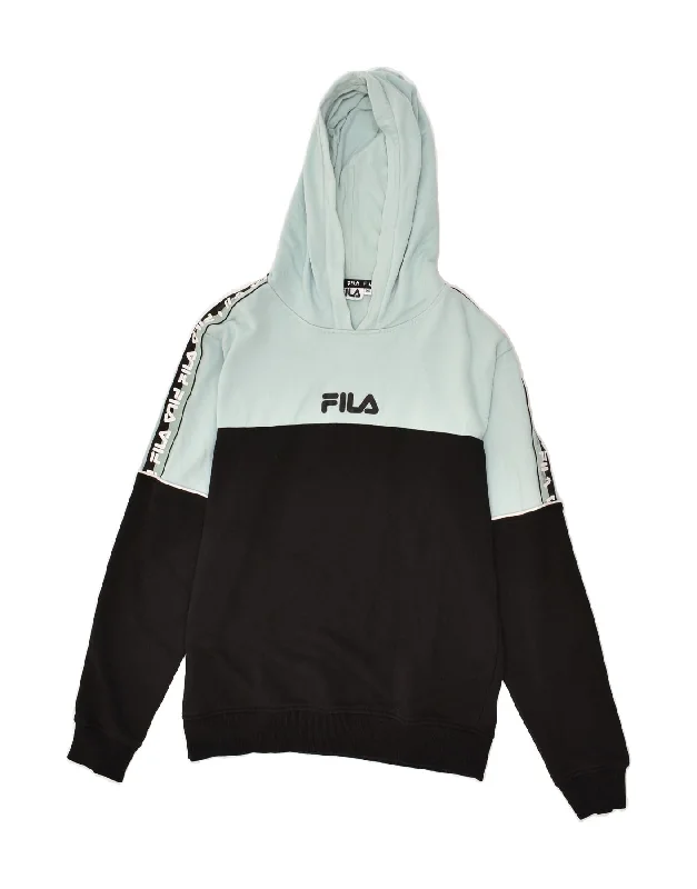 FILA Womens Oversized Graphic Hoodie Jumper UK 6 XS Black Colourblock Hoodie with Raglan Sleeves Sporty Comfortable