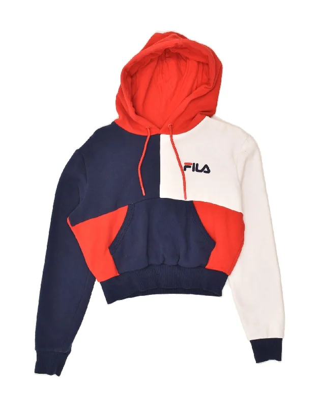 FILA Womens Oversized Graphic Hoodie Jumper UK 6 XS Red Colourblock Cotton Graphic Hoodie Design Print