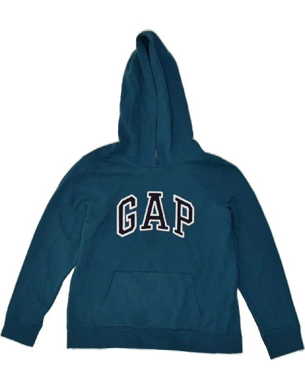 GAP Womens Graphic Hoodie Jumper UK 14 Medium Blue Cotton Hoodie with Metallic Shiny Futuristic