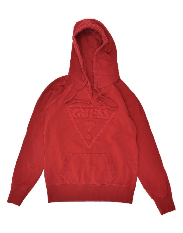 GUESS Womens Graphic Hoodie Jumper UK 14 Medium Red Cotton Hoodie with Hem Elastic Stretchable Comfortable