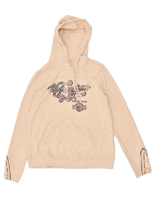 HARLEY DAVIDSON Womens Graphic Hoodie Jumper UK 14 Medium Beige Cotton Hoodie with Print Artistic Unique