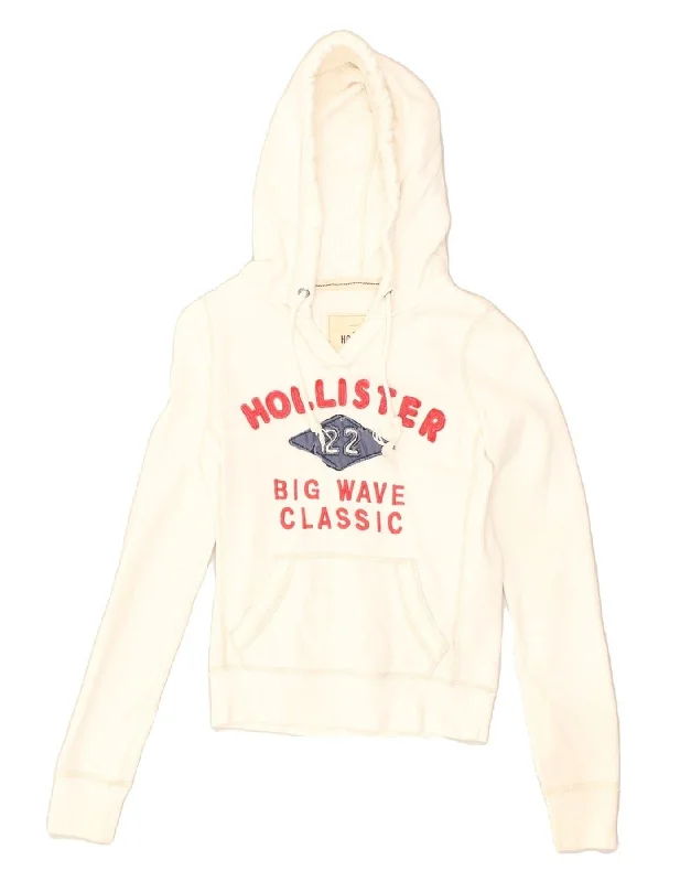 HOLLISTER Womens California Graphic Hoodie Jumper UK 4 XS White Cotton Hoodie with Pastel Soft Subtle