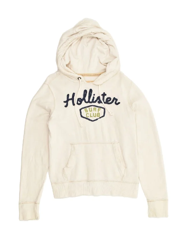 HOLLISTER Womens Graphic Hoodie Jumper UK 10 Small Off White Cotton Hoodie with Drop Shoulder Relaxed Streetwear