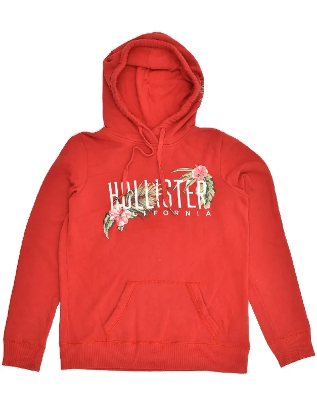 HOLLISTER Womens Graphic Hoodie Jumper UK 10 Small Red Cotton Hoodie with Raw Hem Edgy Unfinished